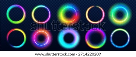 Rainbow neon rings set with glowing light effect on dark background - vibrant multicolor circular frames with gradient halos, radiant borders and luminous abstract elements for modern digital design.