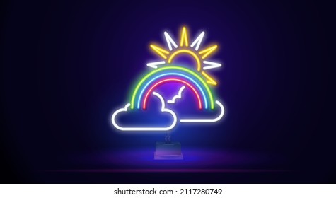 Signo de neón arcoiris, signo luminoso, cartel de luz. Arcoiris con nubes y sol en un estrado.Colores de logotipos, logos. Ilustración del vector