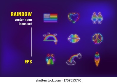 Rainbow neon signs collection. Illuminated symbol, liberty and choice. Vector illustrations for bright billboards. Relations, tolerance and homosexuality concept