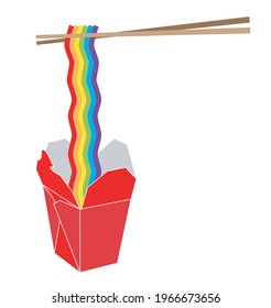 Rainbow noodles held up with chopsticks, coming out of a Chinese food box. Colorful illustration with vector 