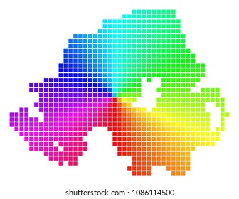 Rainbow Northern Ireland map. Vector pixelated geographic map in bright spectral colors with circular gradient.
