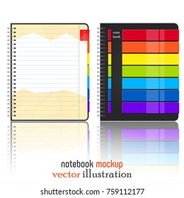 Rainbow notebook mokup isolated on white background. Bright notebook mock up for Your business project. Vector Illustration