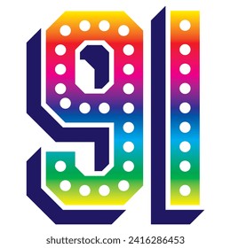 Rainbow Number Ninety One Vector Illustration. 3D Number 91 Isolated On A White Background
