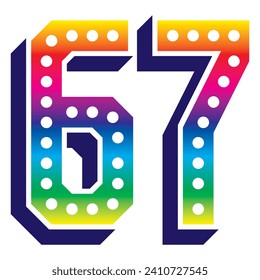 Rainbow Number Sixty Seven Vector Illustration. 3D Number 67 Isolated On A White Background

