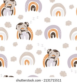 Rainbow nursery sloth seamless pattern. Animal abstract boho rainbow, minimalist arch. Nursery and baby room. Cute animal stock modern trendy hand drawn flat illustration isolated on white background.