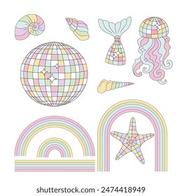 Rainbow Ocean Disco elements vector clip-art set isolated on white. Disco ball Mermaid tail Jellyfish Sea star Shells. Groovy underwater illustration.