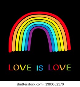 Rainbow on black background. Colorful line set. Greeting card. Love is love text quote. LGBT community. Flat design. Vector illustration