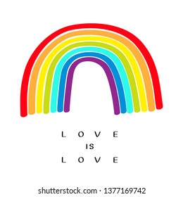 Rainbow on black background. Love is love text quote. Colorful line set. Greeting card. LGBT community. Flat design. Vector illustration