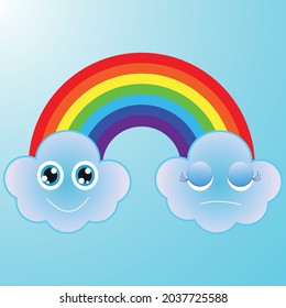 
rainbow on a blue sky background with two clouds, one cloud sleeps and the other laughs