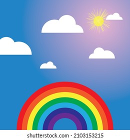 rainbow on a blue sky background with sun and clouds,Vector Illustration