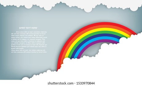 Rainbow on blue sky with cloud , paper art style Design illustration of view scene the sky on paper art style.vector, illustration.