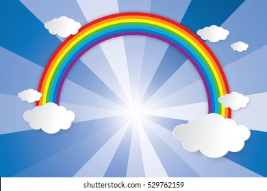 Rainbow on the cloud and summer sun shining graphic design vector background like heaven and paradise