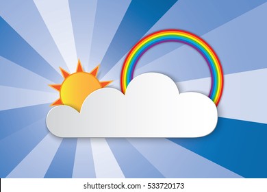 Rainbow on the cloud and summer sun shining graphic design vector background of heaven and paradise. Greeting card paper art vector graphic design.