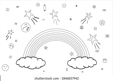 rainbow on clouds cartoon coloring page doodle with stars, rounds and squares, vector
