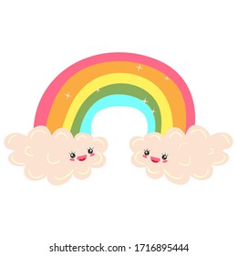 Regenbogen auf Wolken, süßer kawaii Cartoon-Charakter, handgezeichnete Vektorillustration-Illustration für Kindergarten. Adorable kindliche Wolke lächelnd, bunter Regenbogen Dekoration für Babys. Kawaii-Happy Gesichte, Kinderkunst