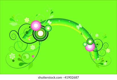 Rainbow on a green background with butterflies