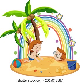 Rainbow on the island with dad and son illustration