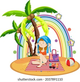 Rainbow on the island with a girl on the beach illustration