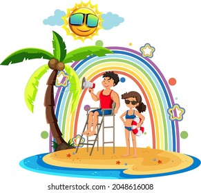 Rainbow on the island with life guard illustration