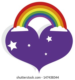 rainbow on a purple heart, with clouds and stars, white background.