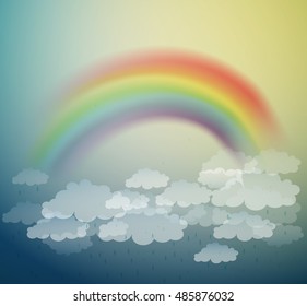 rainbow on the sky, magic dreamland, scene from wonderland, cloud rain and rainbow, vector