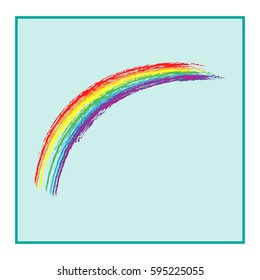 Rainbow on sky sign. Illustration colorful spectrum arc. Cute colorful symbol spring, summer, rain. Color bow mark clean nature. Template for t shirt, card, poster. Design element. Vector illustration