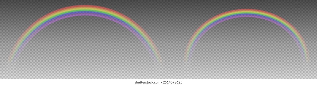 Rainbow on transparent background. Realistic rainbows in different shape and size. Rainbow, effect after rain. Vector illustration. Transparent rainbows. Downpour, hail rainy weather. png