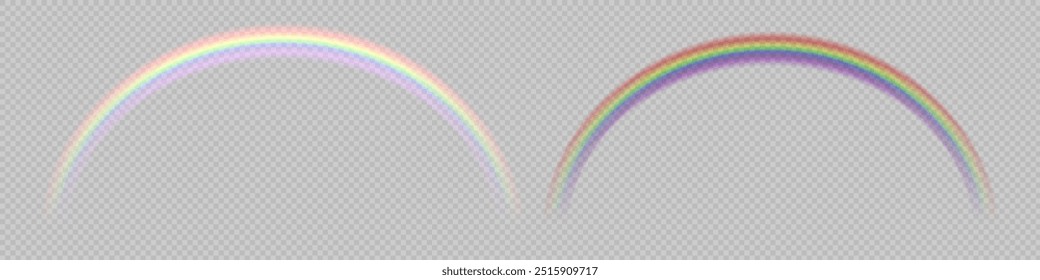 Rainbow on transparent background. Realistic rainbows in different shape and size. Rainbow, effect after rain. Vector illustration. Transparent rainbows. Downpour, hail rainy weather. png