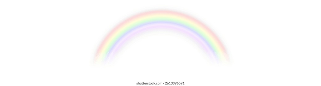Rainbow on transparent background. Realistic vector rainbows in various shapes and sizes. Weather effect after rain or storm. Isolated illustration in PNG format.