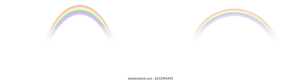 Rainbow on transparent background. Realistic vector rainbows in various shapes and sizes. Weather effect after rain or storm. Isolated illustration in PNG format.