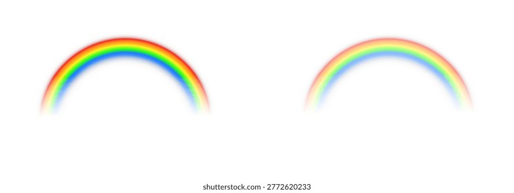 Rainbow on transparent background. Realistic rainbows in different shape and size. Rainbow, effect after rain. Vector illustration. Transparent rainbows. Downpour, hail rainy weather. png