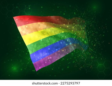 Rainbow, on vector 3d flag on green background with polygons and data numbers