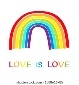 Rainbow on white background. Colorful line set. Greeting card. Love is love text quote. LGBT community. Flat design. Vector illustration