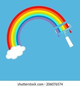 Rainbow one cloud in the sky and paint roller with drops. Dash line. Vector illustration