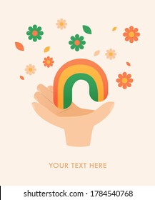Arcoiris a mano abierta con flores y hojas. Concepto de apoyo LGBT. Orgullo gay.  Impresión de camisetas, afiche, postal, diseño de logotipos. Ilustración vectorial.