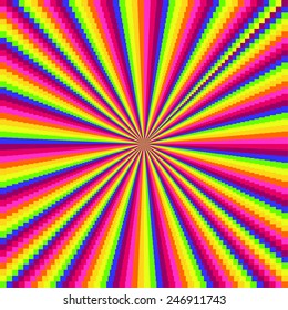 Rainbow optical illusion Rainbow psychedelic optical illusion made of small squares receding into the distance.