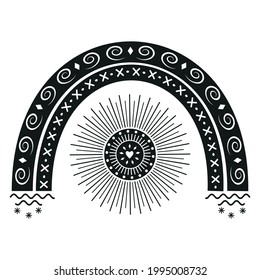 Rainbow with ornament, black stencil, vector illustration
