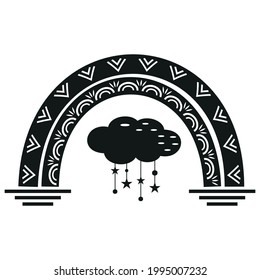 Rainbow with ornament and cloud, black stencil, vector illustration