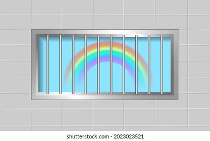 Rainbow Outside The Window. Prison Windows With Bars. Windows On A Light Wall.