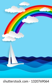 Rainbow over the blue sea waves. Paper boat sailing on the sea. White fluffy clouds on a bright blue sky. Paper cut out style vector illustration.