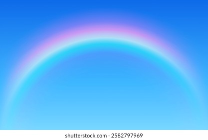 Rainbow over blue sky, beautiful idyllic symmetrical and perfect rainbow background, vector illustration.