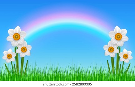 Rainbow over blue sky and white spring flowers and grass, beautiful idyllic rainbow spring background, vector illustration.