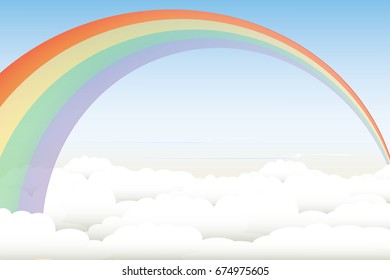 Rainbow Over the Cloudy Sky in Summer Day.Beautiful Rainbow View Vector Illustration.