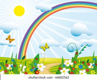 Rainbow over the flowering meadows. Vector illustration