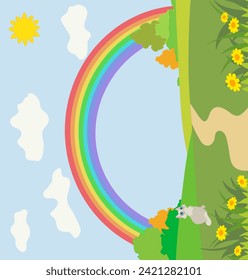 rainbow over a green meadow, flowers, cats and sky, illustration for children