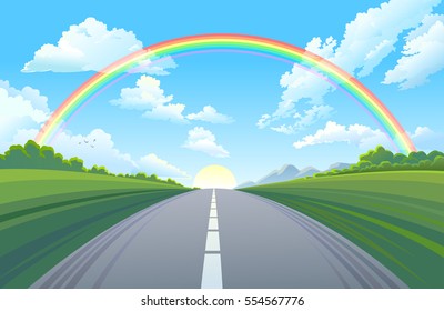 Rainbow over the highway, the perfect morning to start your journey.