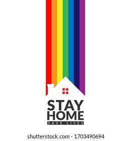 rainbow over house with slogan stay home save lives, awareness campaign for promote people make self isolation at home to avoid spreading coronavirus during the covid-19 epidemic.