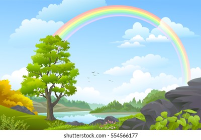 Rainbow over a landscape with forest, meadows, hills and a river