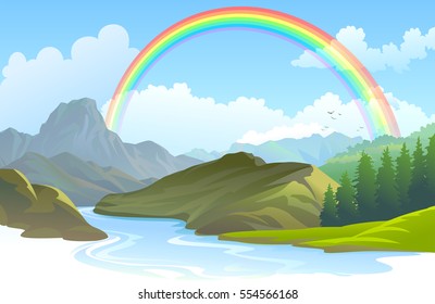 Rainbow over a landscape and a river flowing through a canyon