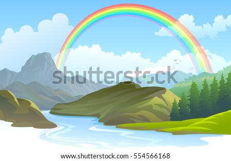Rainbow over a landscape and a river flowing through a canyon